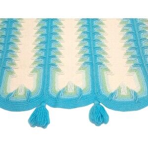 Vtg Hand Crochet Textured Afghan Blanket Throw Turquoise Blue Ivory Southwestern